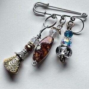Collage beaded brooch Glass Charm Saftey Pin Old School Artisan Handmade OOAK